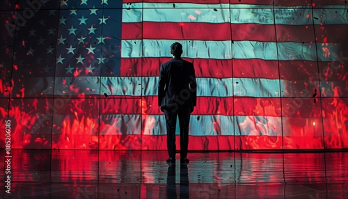 man in a suit infront of the american flag in flames