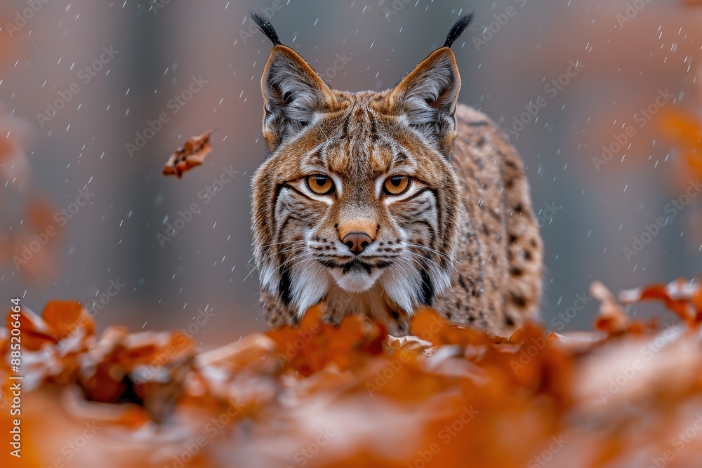 Fototapeta premium An Iberian lynx prowling through a Mediterranean forest, its tufted ears and spotted fur blending with the autumn leaves.