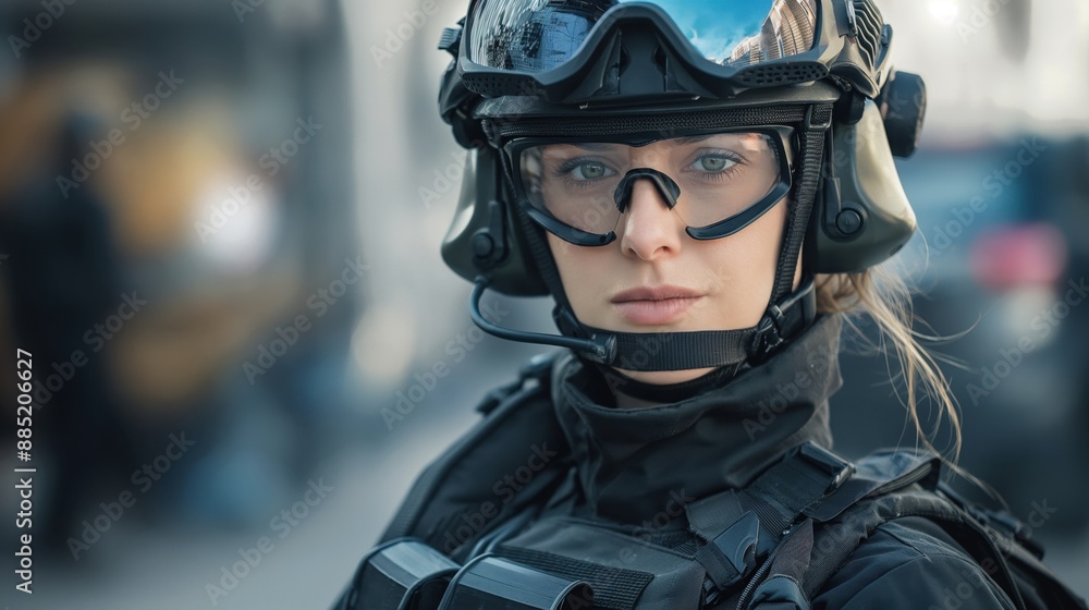 Close-up of a person wearing tactical gear including a helmet, goggles, and a communication headset, with a blurred urban background. Close-up of a person wearing tactical gear including a helmet, goggles, and a communication headset, with a blurred urban background.