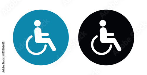 Vector Disabled Person Flat Icon Set. Handicapped or Accessibility Sign. Man in a Wheelchair Pictogram, Circle on White Background.
