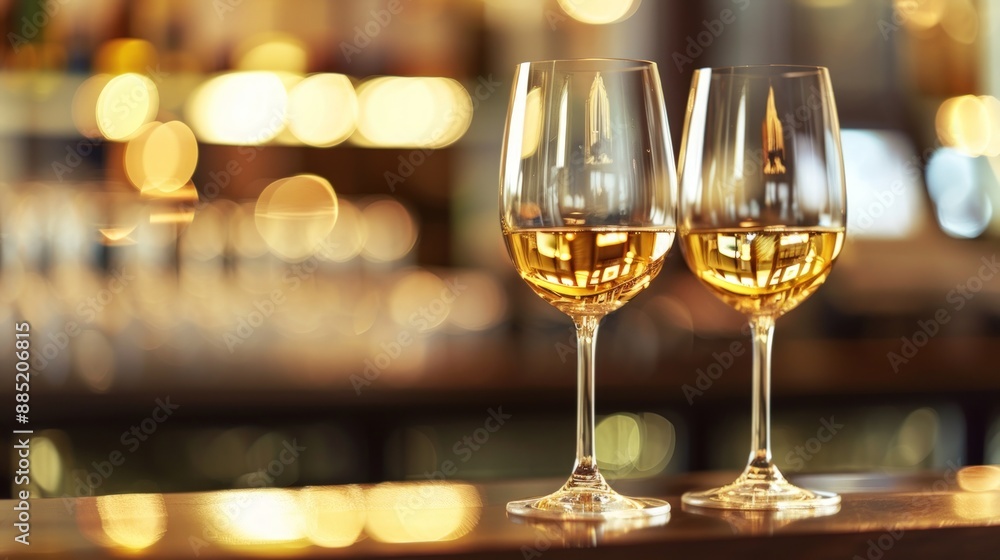 Two glasses of white wine on the bar counter with a blurred background. Generate AI image Two glasses of white wine on the bar counter with a blurred background. Generate AI image