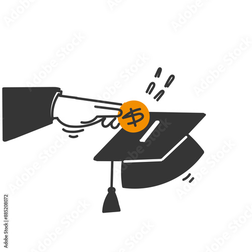 hand drawn doodle person put money tuition on graduation hat as piggy bank symbol for education dee tuition