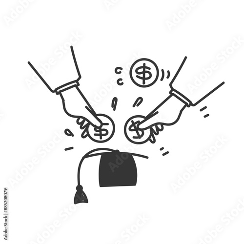 hand drawn doodle person put money tuition on graduation hat as piggy bank symbol for education dee tuition
