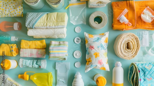 An assortment of baby care products like diapers, wipes, and bottles spread out on a changing table