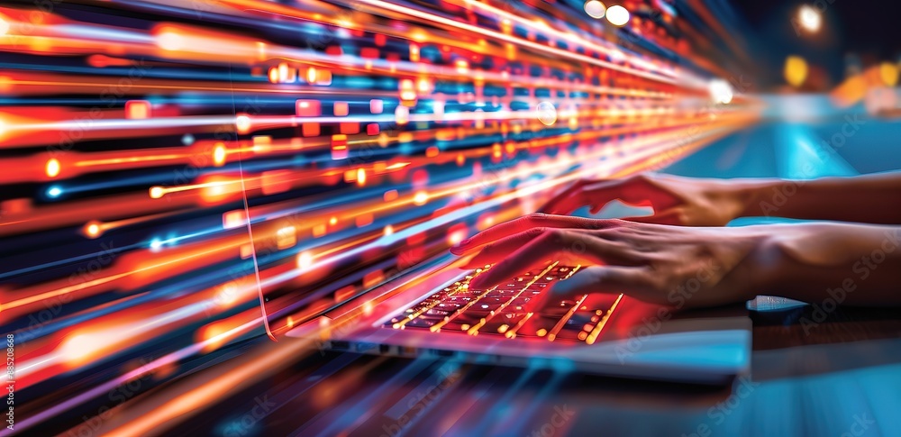 Fototapeta premium someone operating a laptop with colorful light strips