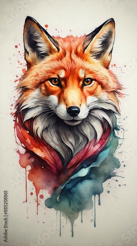 Wallpaper Mural high quality, logo style, Watercolor, powerful colorful fox face logo facing forward, monochrome background, by yukisakura, awesome full color, Torontodigital.ca