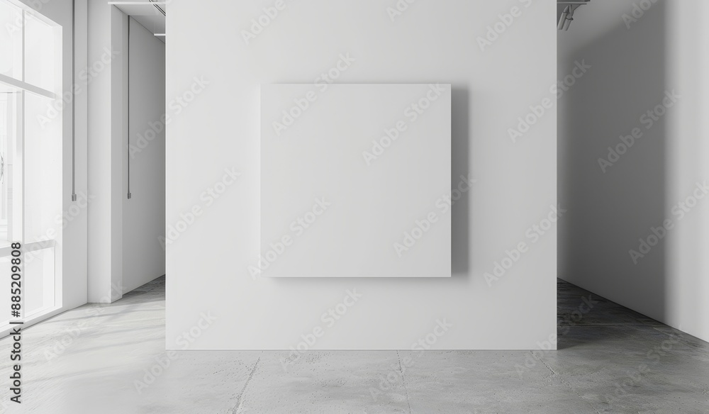 An empty modern sunny gallery mockup, 3d rendering. A large hall interior with a wide banner exposition template in a contemporary art museum. An empty modern sunny gallery mockup, 3d rendering. A large hall interior with a wide banner exposition template in a contemporary art museum.
