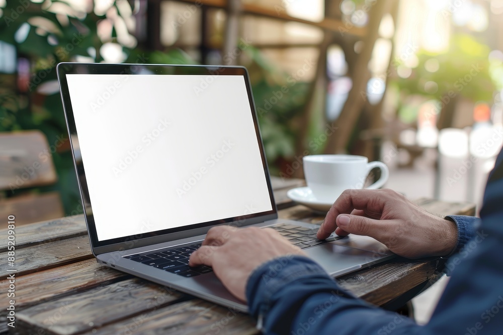A mockup image with a blank screen computer and a white background, with a woman using a laptop to search for contact information at a coffee shop.Marketing and creative design. A mockup image with a blank screen computer and a white background, with a woman using a laptop to search for contact information at a coffee shop.Marketing and creative design.