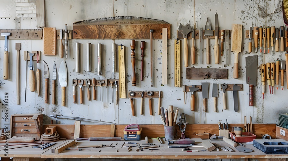 A variety of woodworking tools such as saws, chisels, and clamps neatly arranged on a workshop bench A variety of woodworking tools such as saws, chisels, and clamps neatly arranged on a workshop bench