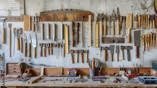 A variety of woodworking tools such as saws, chisels, and clamps neatly arranged on a workshop bench