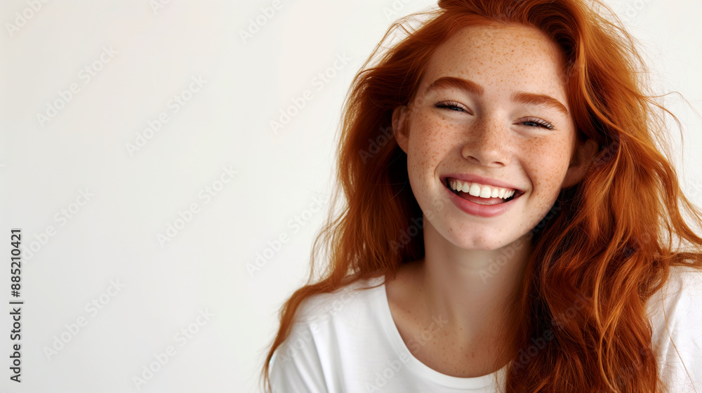 A young woman with long red hair, freckles, and a big smile wearing a white shirt against a plain background. A young woman with long red hair, freckles, and a big smile wearing a white shirt against a plain background.