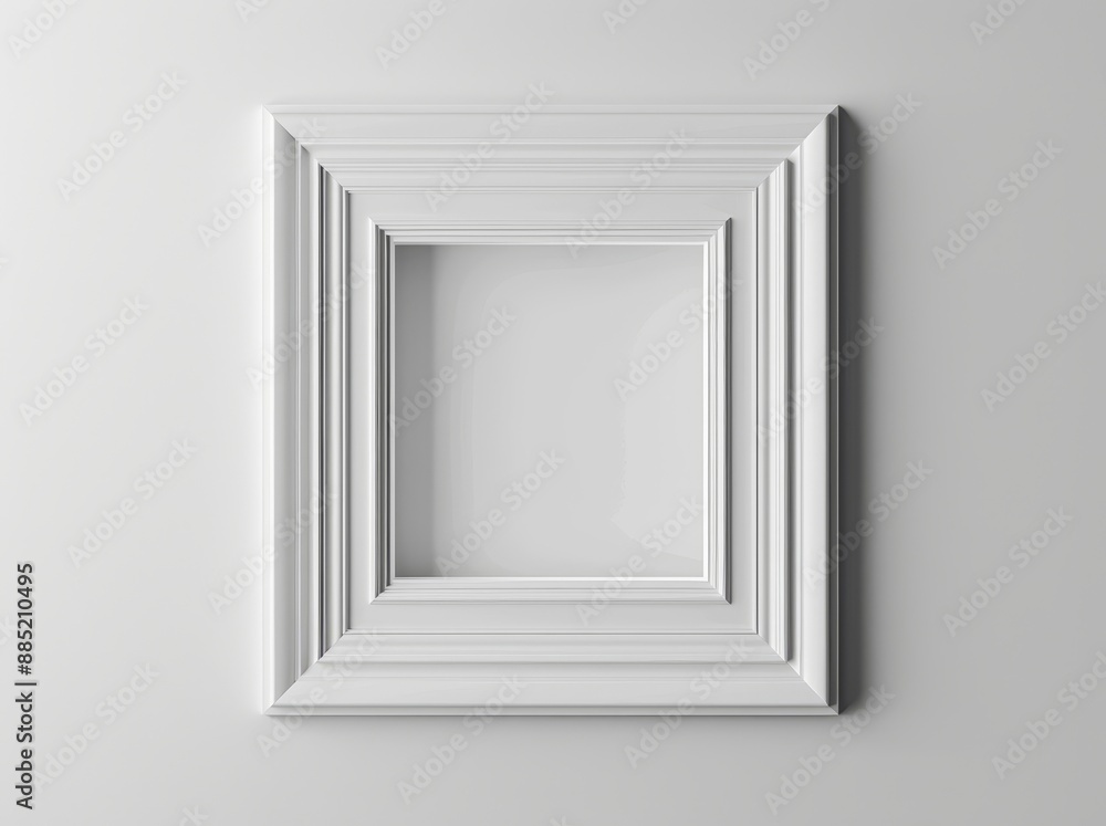 Rendering of a white rectangular vertical frame hanging on a white wall Rendering of a white rectangular vertical frame hanging on a white wall