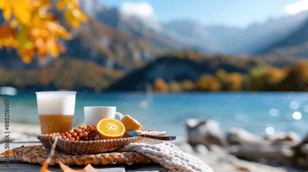 Fototapeta premium A picturesque autumn morning with a breakfast setting by the lake, featuring coffee, fresh fruits, and fall foliage, creating a serene and tranquil atmosphere.