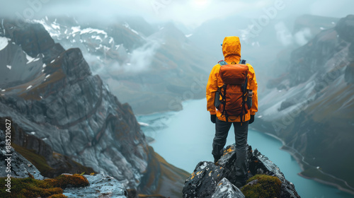 Lonely mountaineer in an yellow jacket with a backpack standing on a rocky outcrop, gazing at majestic snow-capped mountains partially shrouded in fog. The scene exudes adventure and serenity.