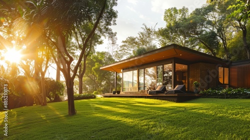 A modern house with large windows, surrounded by a lush garden and trees, basking in warm sunlight