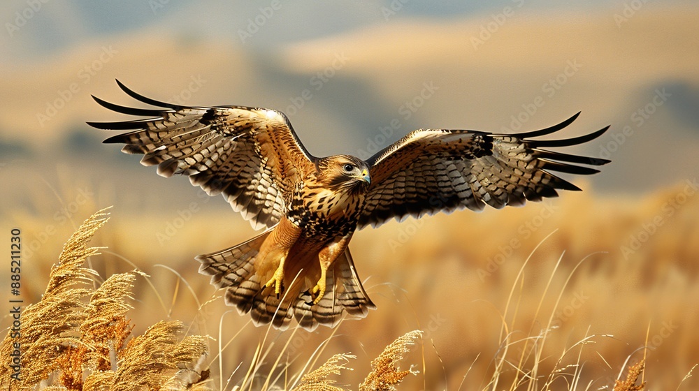 Fototapeta premium Stealthy hawks hunt with precision, their keen eyesight and sharp talons making them formidable predators as they dive towards their unsuspecting prey in the open fields
