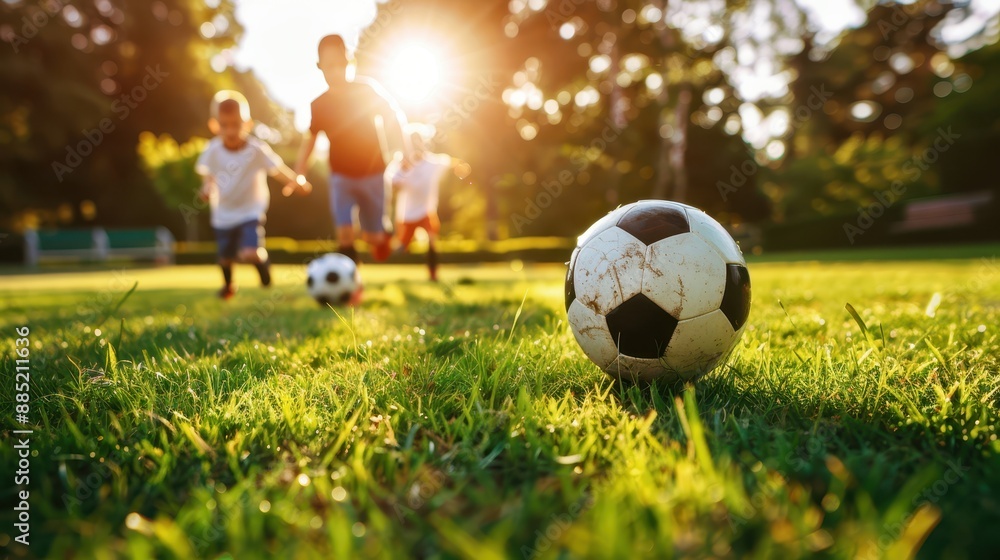 Fototapeta premium Children playing soccer on a sunny day, enjoying outdoor fun and sportsmanship. Focus on a soccer ball lying on the grassy field.