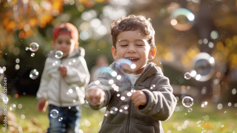 Two children are chasing bubbles in a park during autumn. The colorful foliage and bubble reflections create a playful and magical atmosphere. Two children are chasing bubbles in a park during autumn. The colorful foliage and bubble reflections create a playful and magical atmosphere.