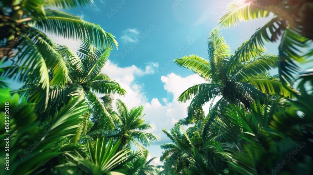 Lush tropical palm trees against a bright blue sky, capturing the essence of a sunny paradise with vibrant greenery and clear skies. Lush tropical palm trees against a bright blue sky, capturing the essence of a sunny paradise with vibrant greenery and clear skies.