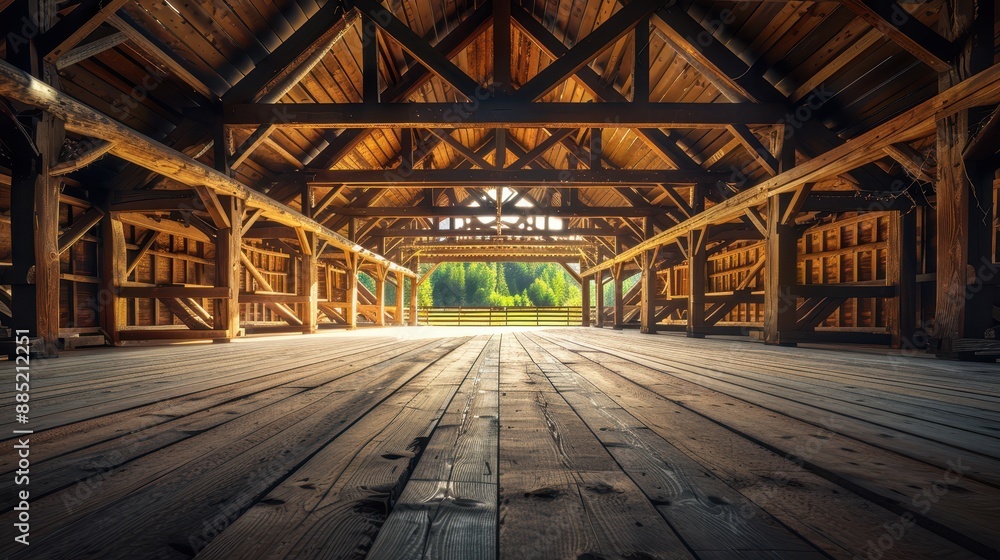 Beautiful rustic barn interior with wooden beams and flooring, bathed in natural light from large open doors, offering a cozy countryside charm. Beautiful rustic barn interior with wooden beams and flooring, bathed in natural light from large open doors, offering a cozy countryside charm.
