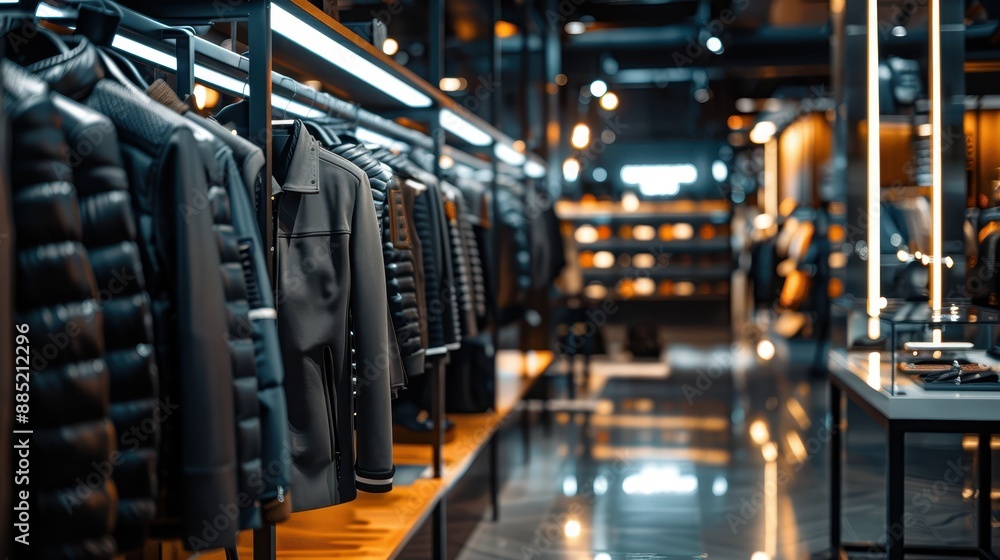 Naklejka premium Modern clothing store with stylish jackets on display racks, warm lighting, and a polished ambiance for a premium shopping experience.