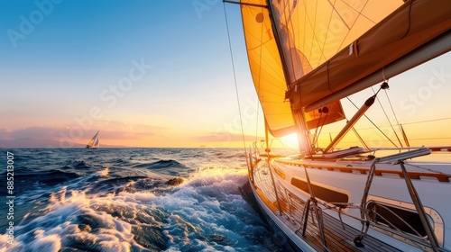 Sailboat navigating the sea during a stunning sunset, creating a beautiful scene with the warm colors reflecting on the water and sails.