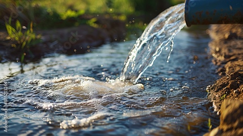 Water pipe in water field, discharge. Clear Water flowing from a pipe, closeup