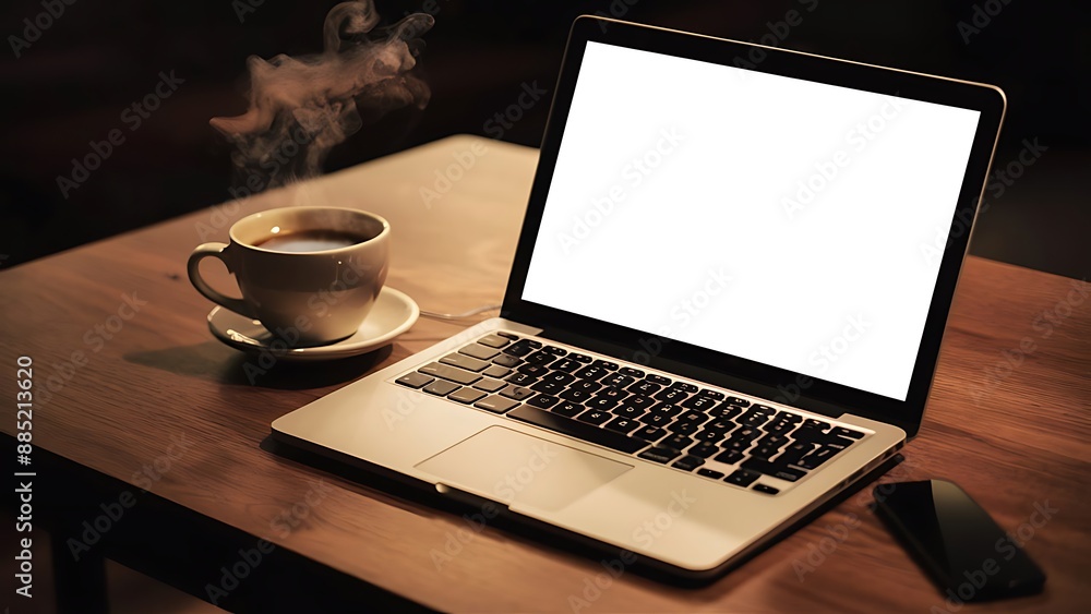 Desk Laptop with blank screen on table of coffee Desk Laptop with blank screen on table of coffee