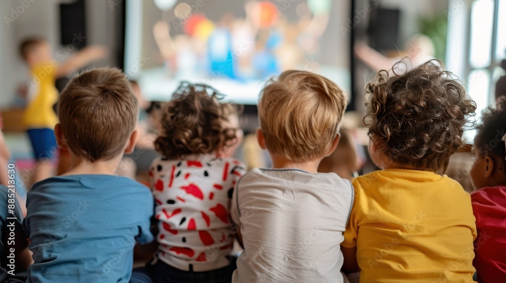 Fototapeta premium Children are seen from the back, attentively watching a lively performance, with excitement and wonder, capturing a moment of engagement, joy, and shared experiences.
