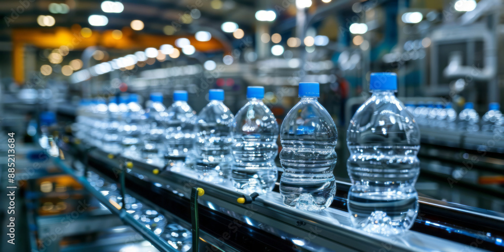 The water bottle production line shows plastic bottles moving along the conveyor belt in closeup. The water bottle production line shows plastic bottles moving along the conveyor belt in closeup.