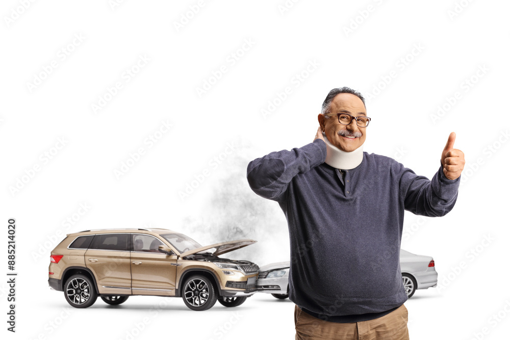 Mature man with an injured neck after a car accident gesturing thumbs up
