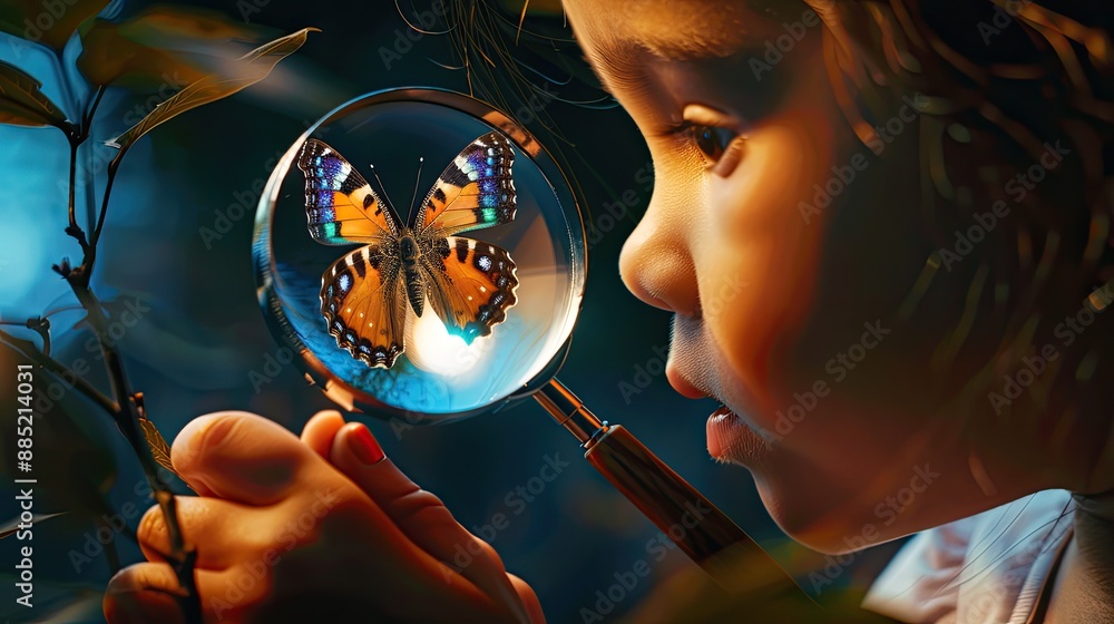 Naklejka premium Smiling child looking at butterfly through magnifying glass.nature