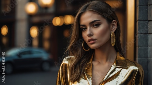 young beautiful gold theme woman model posing for urban style clothing pictorial portrait photoshoot