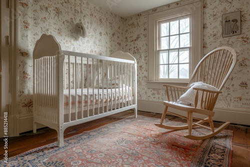 Wallpaper Mural A nursery with a vintage crib, rocking chair, and whimsical wallpaper  Torontodigital.ca