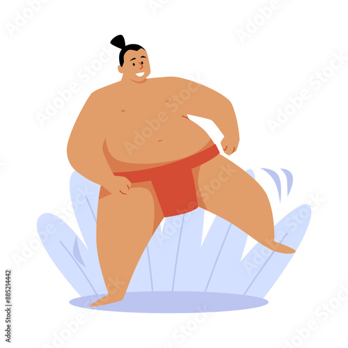 Scene with a sumo wrestler. Flat vector martial art.