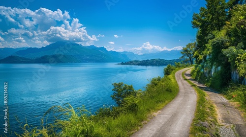 The road curves towards the lake on a clear day. To the left there is a long blue sea. Contrast this with tranquil lakes and winding roads. This scene captures the beauty of the natural landscape.