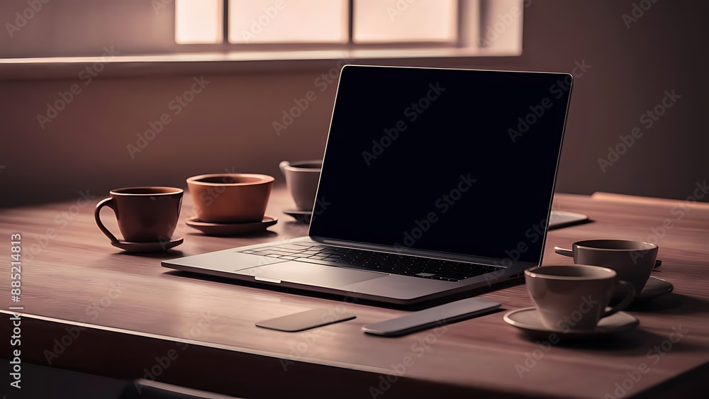 Desk Laptop with blank screen on table of coffee Desk Laptop with blank screen on table of coffee