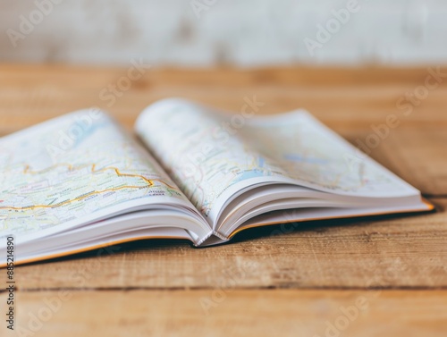 Travel guidebook open on a wooden table with marked maps and notes, travel guides, immersive and informative travel preparation have copy space for text, focus cover all object, deep dept of field