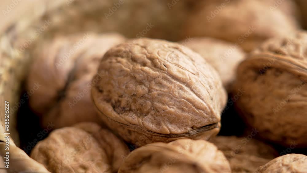 Unpeeled whole walnut with nut shells as a source of protein and fiber falling into a rustic wicker bowl. Hard rough peel close up. Slow motion Unpeeled whole walnut with nut shells as a source of protein and fiber falling into a rustic wicker bowl. Hard rough peel close up. Slow motion