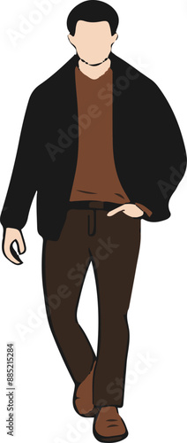 A man in a black jacket and brown pants walks down a street