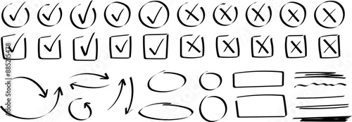 Set of marker lines, check mark with different circle arrows and underlines on transparent background. Hand drawn marker stripes. Scrawl texture underline effect. Vector EPS 10