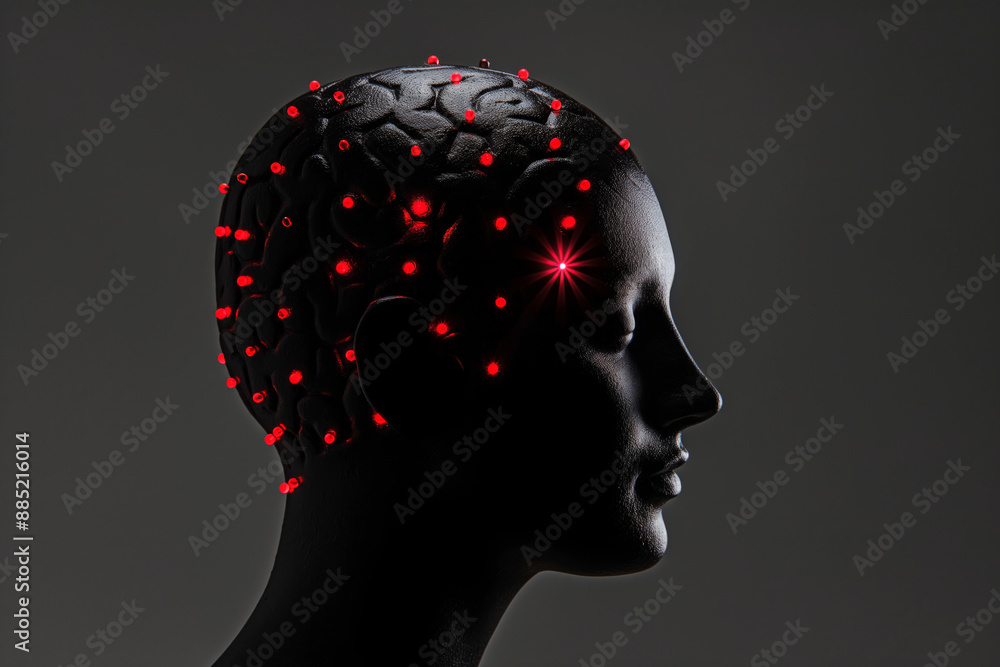 Obraz premium Silhouette of a head in black with tiny red dots around, indicating stress or headache, minimalistic.