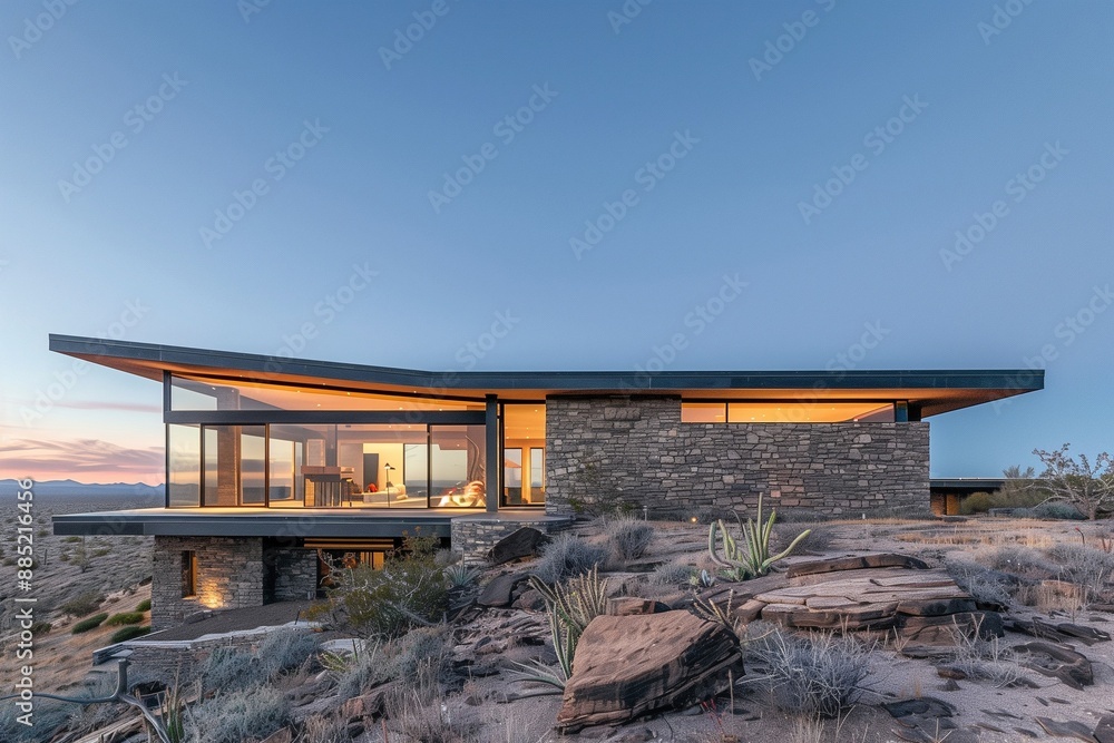 A sleek, minimalist desert home with flat roofs and clean lines, made from natural stone and sustainable materials, seamlessly blending with the arid landscape, featuring large windows. A sleek, minimalist desert home with flat roofs and clean lines, made from natural stone and sustainable materials, seamlessly blending with the arid landscape, featuring large windows.