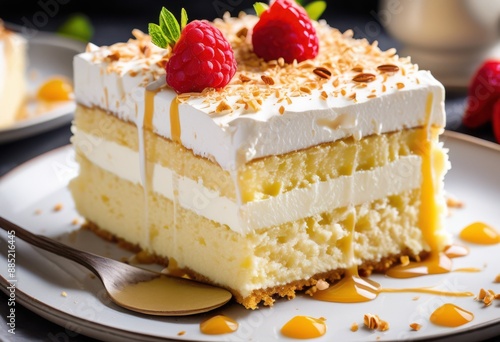 fluffy tres leches cake slice creamy texture sweet pastry dessert food, syrup, delicious, moist, spongy, milk, three, confectionery, bakery, homemade, treat