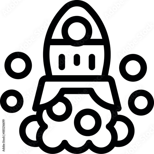 Simple line art icon of a spaceship launching into space, surrounded by stars