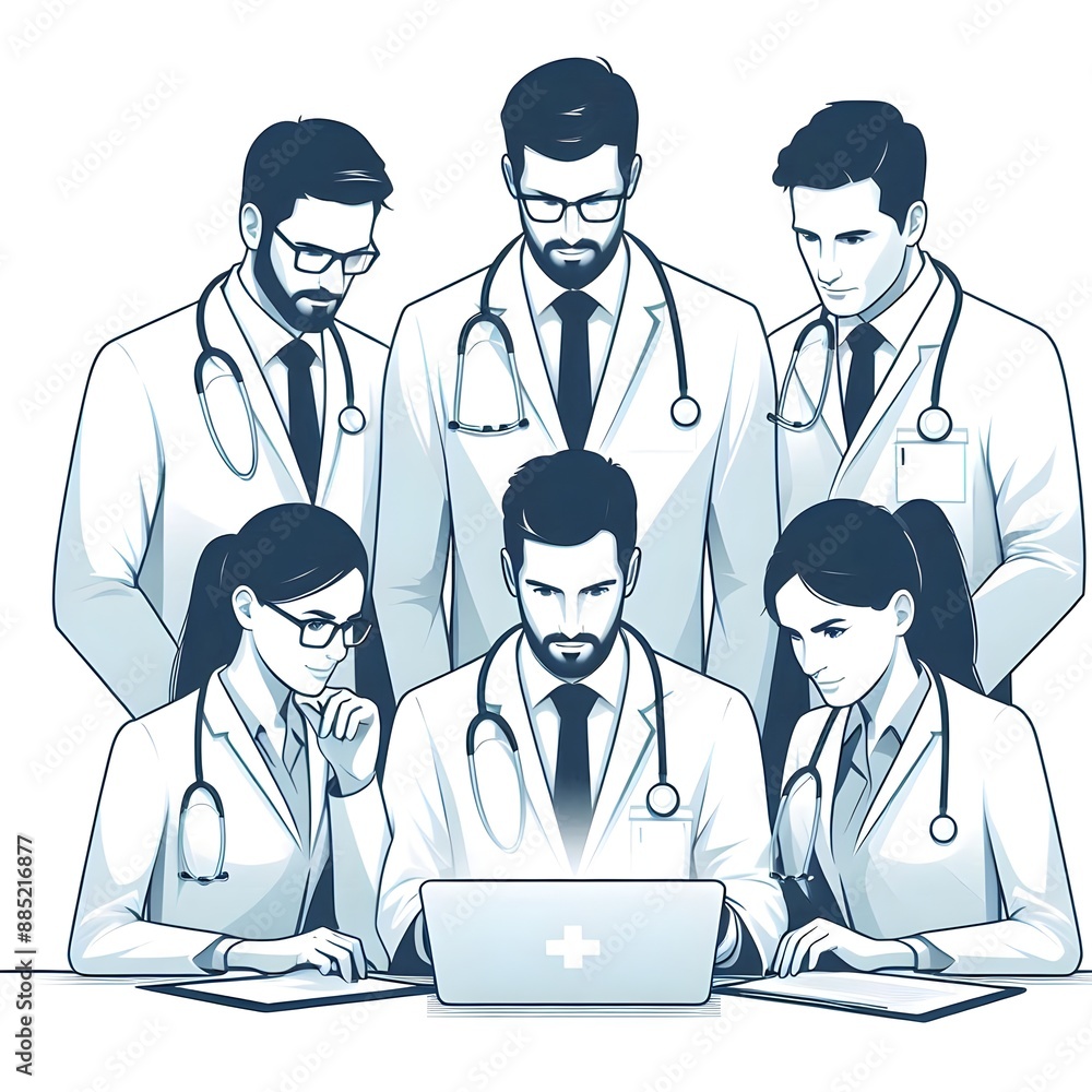 Collaborative Diagnosis, Minimalist Illustration of Diverse Medical Team Analyzing Patient Data Together, Representing Unity and Effective Healthcare. Collaborative Diagnosis, Minimalist Illustration of Diverse Medical Team Analyzing Patient Data Together, Representing Unity and Effective Healthcare.
