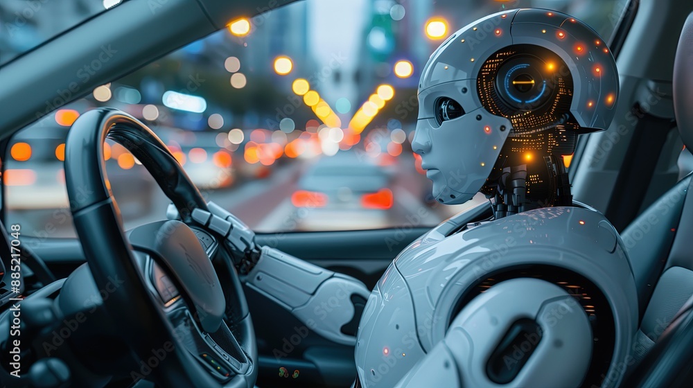 Fototapeta premium Futuristic Robot Operating Autonomous Car at Night in Urban Area