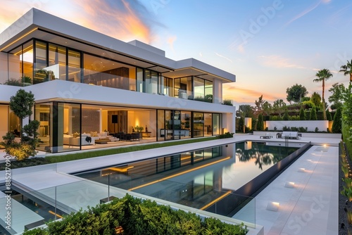 A stunning exterior view of a luxurious modern mansion with clean lines and large glass panels, an infinity pool that seamlessly merges with the horizon, meticulously landscaped gardens.