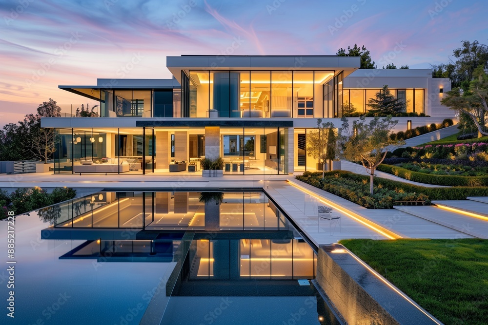 Obraz premium A stunning exterior view of a luxurious modern mansion with clean lines and large glass panels, an infinity pool that seamlessly merges with the horizon, meticulously landscaped gardens.