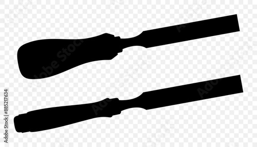 Chisel, carpentry hand tools for woodworking and wood carving. Stand for working with wood. Chisel isolated on transparent background. Black silhouette icon, vector illustration.
